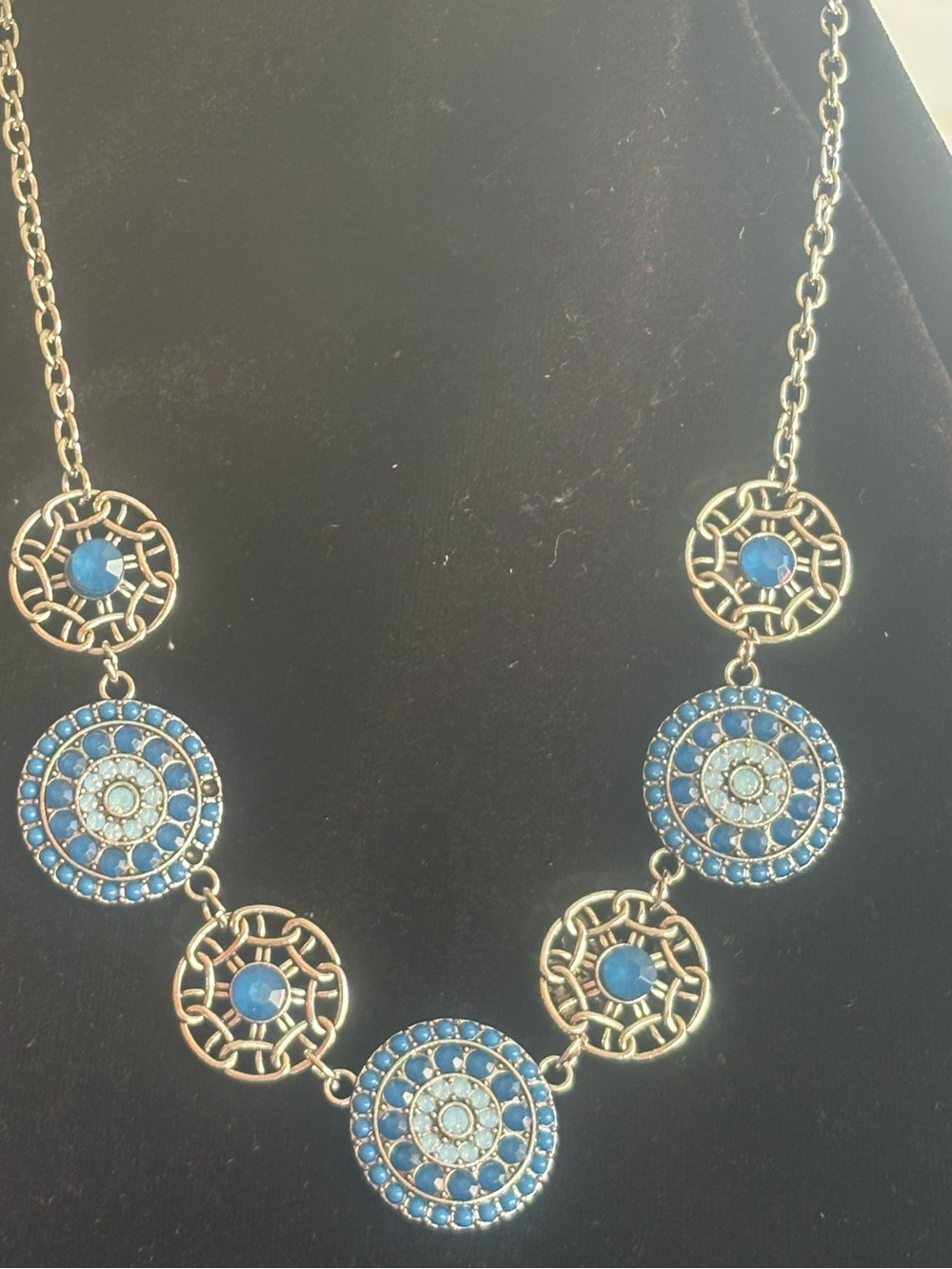 Blue Crystal Medallion Statement Necklace -